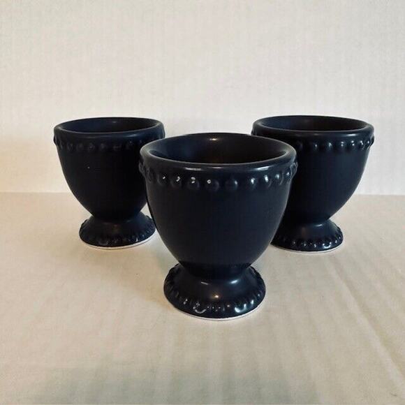 Egg Cup Holder, Blue/Grey Ceramic Set of 3, Embossed Decorative Rim, China - Picture 2 of 8